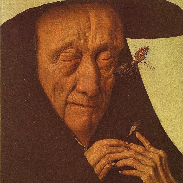 Prompt: close up portrait of a dying old man with moth. night with stars. jan van eyck