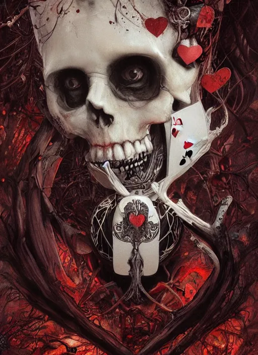 Image similar to Hungry Queen of Hearts with White Rabbit, Death Tarot card,highly detailed,half skull face,cinematic,8k,by Stanley Artgermm,Tom Bagshaw,Greg Rutkowski,Carne Griffiths, Ayami Kojima, Beksinski, Giger,trending on DeviantArt,hyper detailed,horror, full of colour