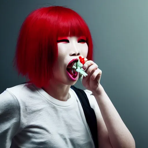 Prompt: beautiful defiant albino asian woman chewing delicious gum, photograph, award wining, red and white, cool composition, trending on artstation, punk attitude, 4k, unreal engine 5, octane render, neon highlights