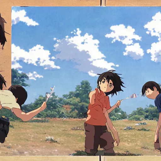 Prompt: Children fighting over a cake, by Dice Tsutsumi, Makoto Shinkai, Studio Ghibli