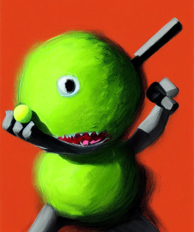 Image similar to a portrait of a tennis ball monster holding a tennis racket on a tennis court, chalk, fantasy, elegant, digital painting, artstation, concept art, matte, sharp focus, illustration, art by basil gogos