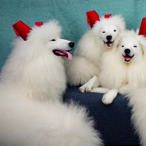 Prompt: realistic, sharp, several white and fluffy samoyeds sitting on the couch wearing birthday hats and smiling to you, happy, cute