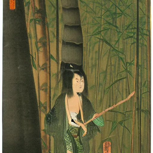 Prompt: 19th century Japanese enoki painting of a skinwalker in a bamboo forest