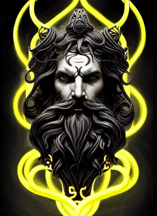 Image similar to furious god zeus, wavy black hair, bushy beard, glowing eyes, thunder forehead tattoo, volumetric lights, black and yellow scheme, art nouveau botanicals, gothic, intricate, highly detailed, digital painting, artstation, concept art, smooth, sharp focus, symmetric face, illustration, steampunk, art by artgerm and greg rutkowski and alphonse mucha