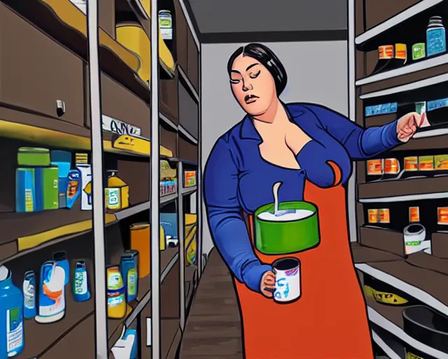 Image similar to BBW Cyborg Woman struggling to reach for a can of soup on the top shelf, art station painting