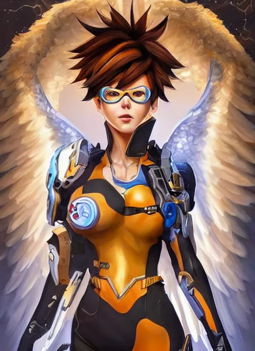 Image similar to full body oil painting of tracer overwatch in the style of mark brooks, angel wings, dramatic painting, symmetrical composition, wearing detailed ornate golden suit, high detail, gold detailed choker, angelic, lights, flowers, heavenly, bright, detailed face,