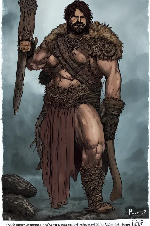 Prompt: a mix between a barbarian and a warlock, male, by robert kirkman
