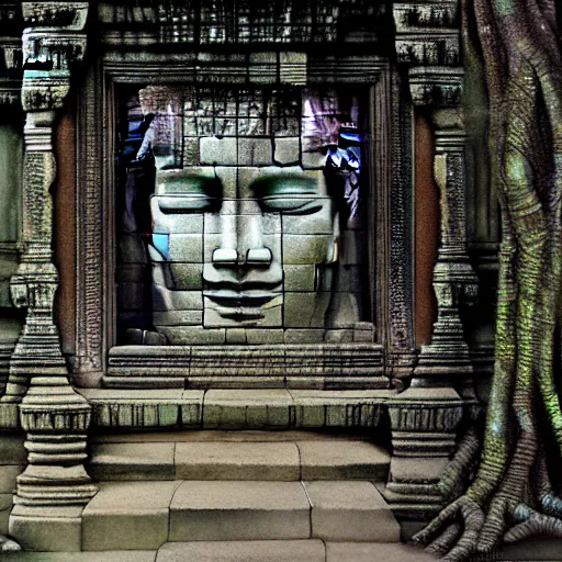 Image similar to a cyberpunk angkor thom, photorealistic, blade runner, highly detailed