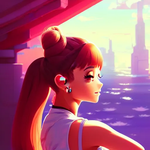 Image similar to ariana grande, sunny day background, intricate, highly detailed, digital painting, artstation, official media, anime key visual, concept art, rich vivid colors, ambient lighting, sharp focus, illustration, art by Artgerm, Makoto Shinkai, Ilya Kuvshinov, Lois Van Baarle, and Rossdraws