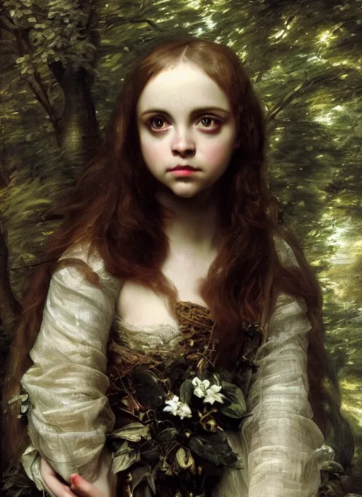 Image similar to Beautiful angel teenager, Looks like Christina Ricci, In the woods, Dramatic, Edge, Good, Infused, Backlight, De-Noise, VFX, insanely detailed and intricate, hypermaximalist, elegant, ornate, hyper realistic, super detailed, by Anthony Van Dyck, by Ivan Shishkin, by John Constable