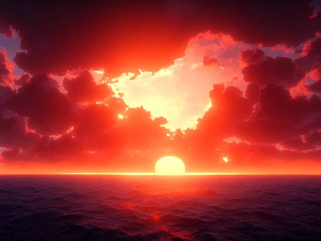 Image similar to a beautiful sunset over the ocean by zack snyder, willem van haecht, vincent di fate, viktor vasnetsov, tyler edlin, artstation, 8 k, volumetric lighting, perfect, highly detailed