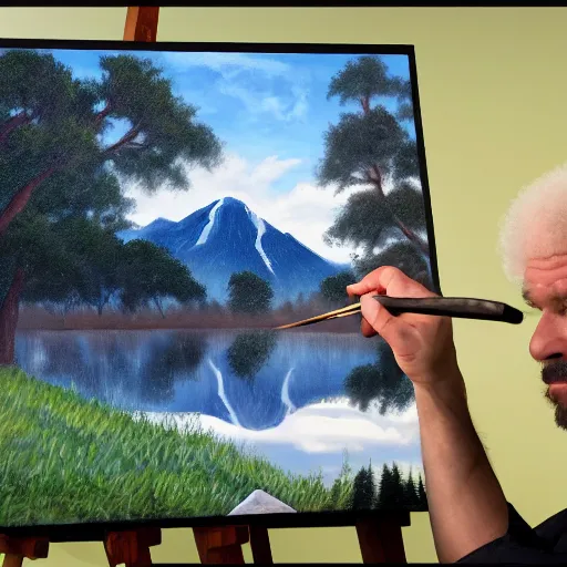 Image similar to a closeup photorealistic photograph of bob ross adding the finishing touches to a canvas painting of kenny powers. mountains and trees. film still. brightly lit scene. this 4 k hd image is trending on artstation, featured on behance, well - rendered, extra crisp, features intricate detail, epic composition and the style of unreal engine.