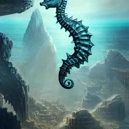 Image similar to a giant seahorse swimming above the city of atlantis by Cedric Peyravernay, highly detailed, full view of seahorse, excellent composition, cinematic concept art, rich dramatic lighting, trending on ArtStation