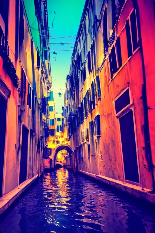 Image similar to neon streets of venice, 4 k, award winning photo, cyberpunk style