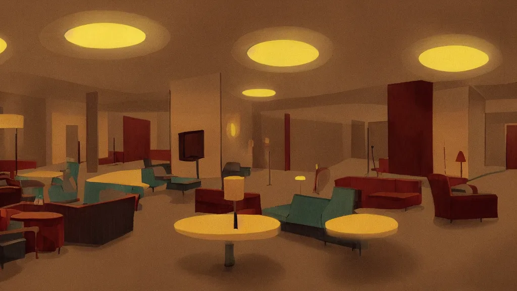 Image similar to At the airport lounge, in the style of David Lynch, by Wes Anderson, concept art, artstation