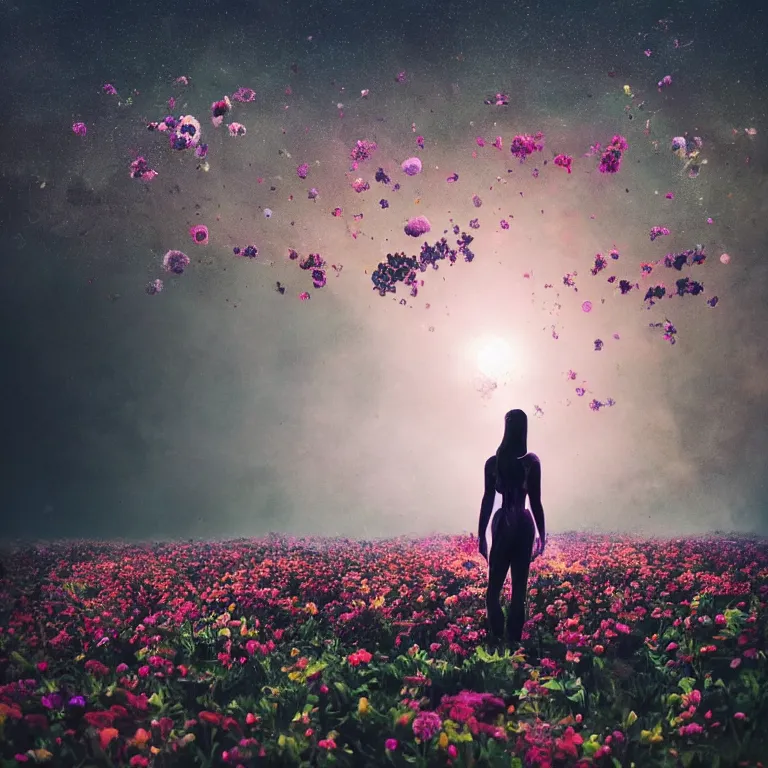 Image similar to a planet of various flowers, fungus and plants, in which the singular human figure is dressed in something magical and impressive, inside the picture is infinity, sunset light, Atmospheric phenomenon, artistic photography, muted colors, conceptual, long exposure outside the city, volumetric light