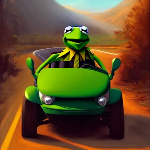 Prompt: kermit driving a truck, elegant intricate digital painting artstation concept art by mark brooks and brad kunkle detailed