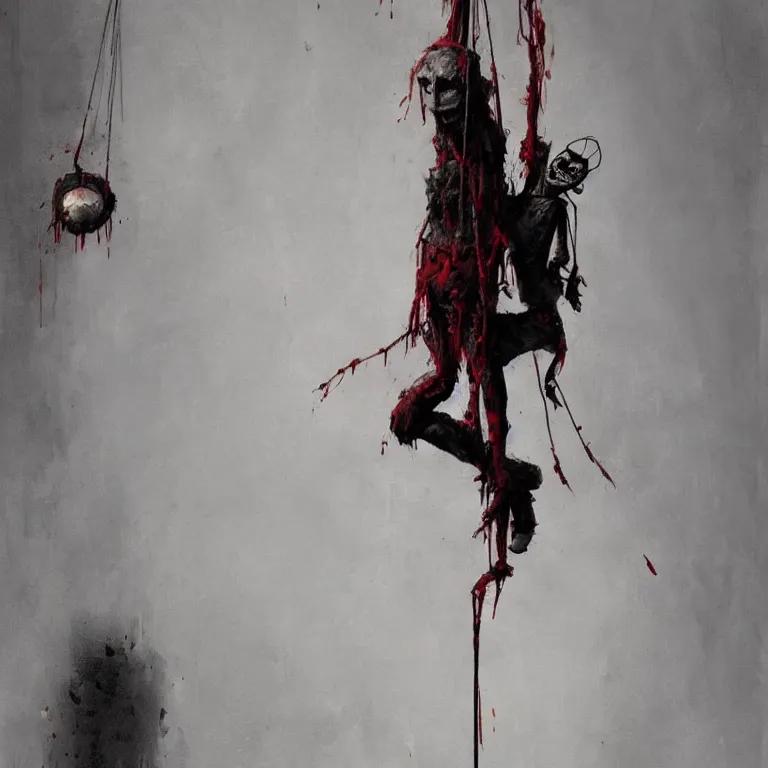 Prompt: a painting of a marionette puppet hanging limp with blood running from his eyes, by greg rutkowski, horror themed, stark light and shadows, grayscale