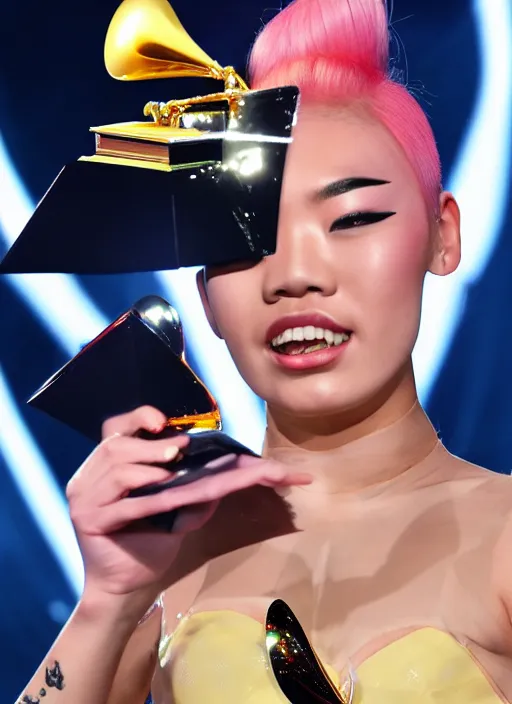 Prompt: rina sawayama winning a grammy award, red weapon 8 k s 3 5, cooke anamorphic / i lenses, highly detailed, cinematic lighting