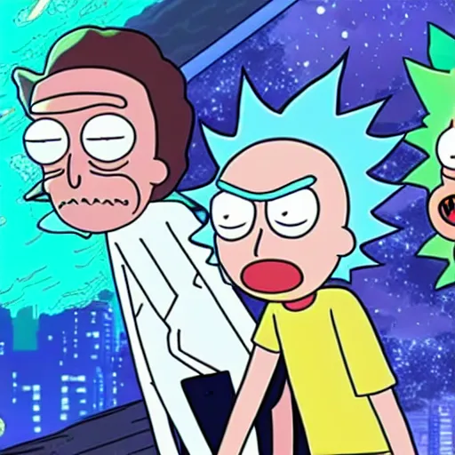 Prompt: Rick and Morty drawn like anime from 2020, studio trigger,