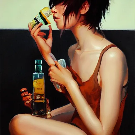 Prompt: a person with short brown hair drinking from a bottle of tequila, by ross tran, oil on canvas