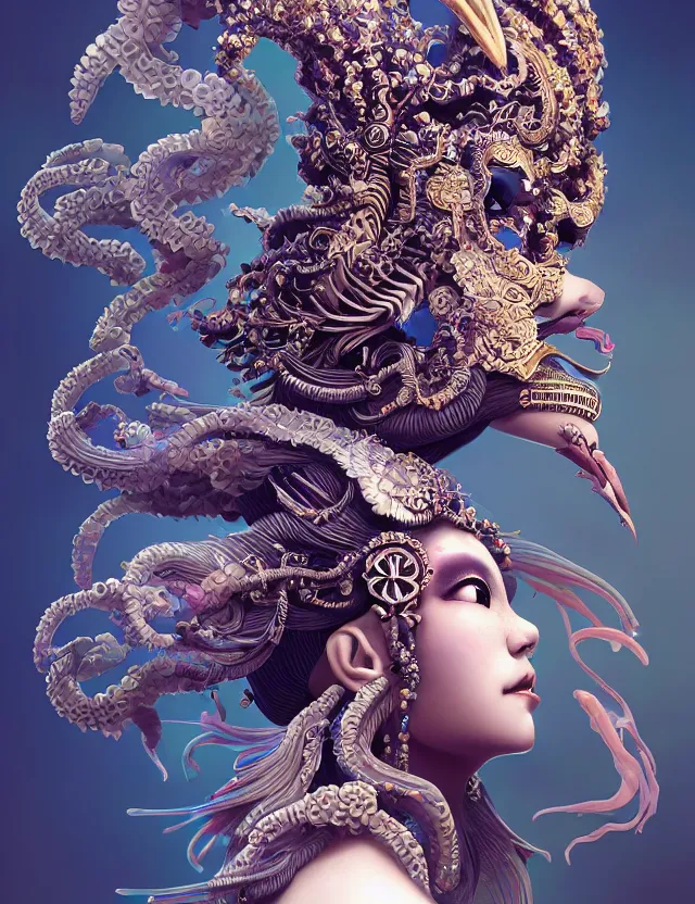 Image similar to 3 d goddess close - up profile portrait with crown, ram skull. beautiful intricately detailed japanese crow kitsune mask and clasical japanese kimono. betta fish, jellyfish phoenix, bio luminescent, plasma, ice, water, wind, creature, artwork by tooth wu and wlop and beeple and greg rutkowski