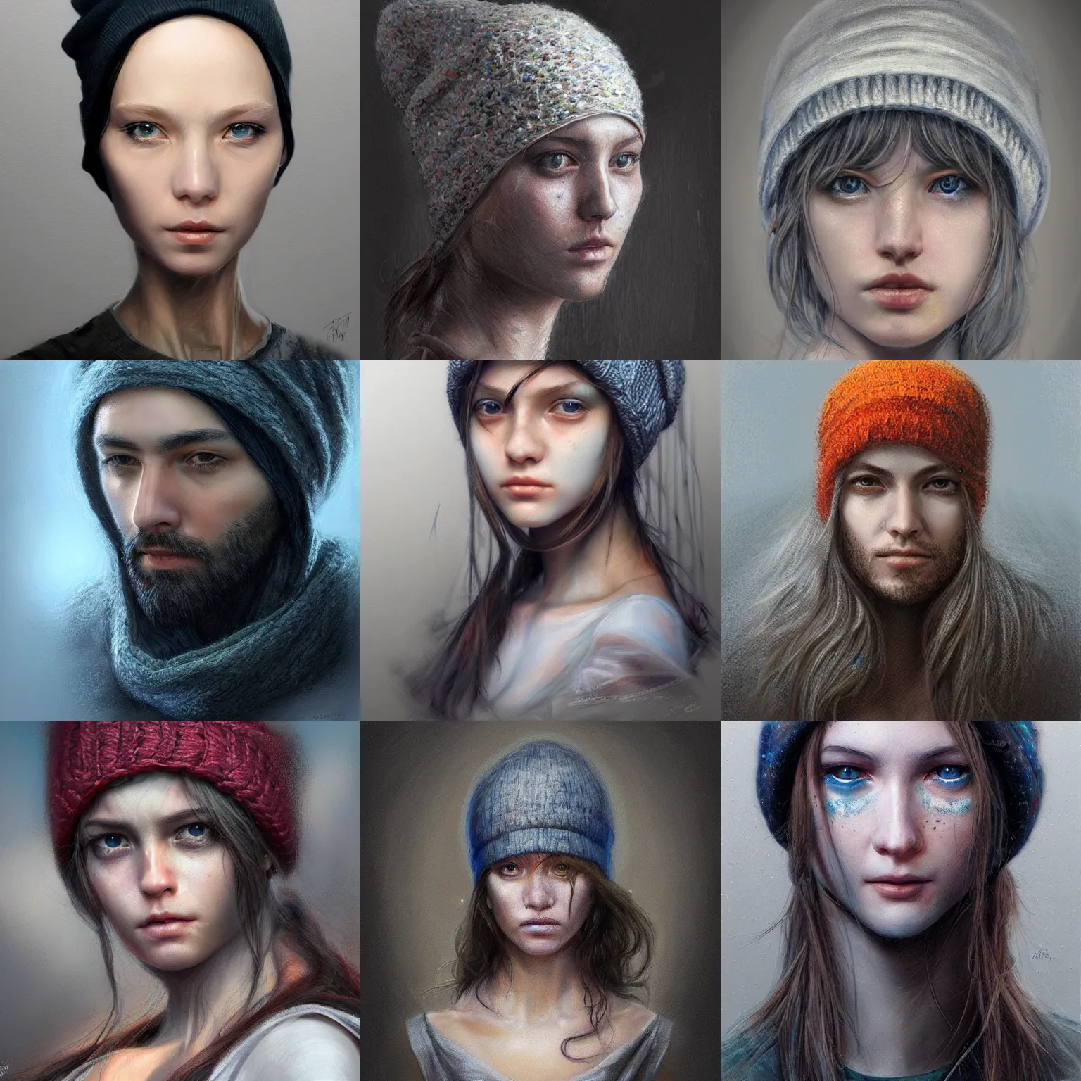 Prompt: portrait of a starving ai artist, detailed clothing, beanie, concept art, artstation, detailed luminescent airbrush painting by alan lee and artgerm