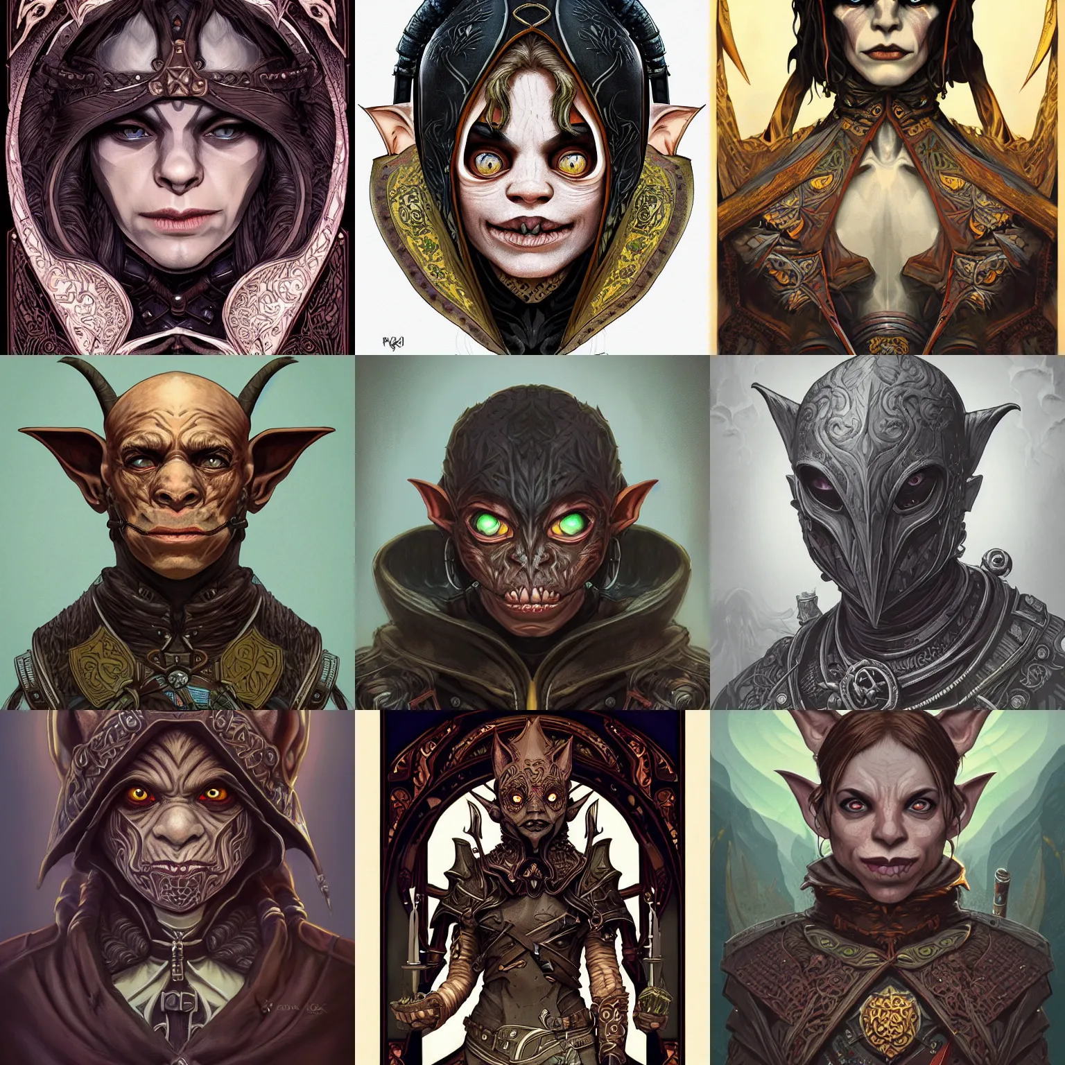 Prompt: head-on symmetrical centered painted portrait, D&D goblin rogue, black leather armour, art nouveau, tarot card style, fantasy, intricate, elegant, highly detailed, smooth, sharp focus, illustration, artstation, in the style of Artgerm and Anna Podedworna and Alex Ross and Mucha