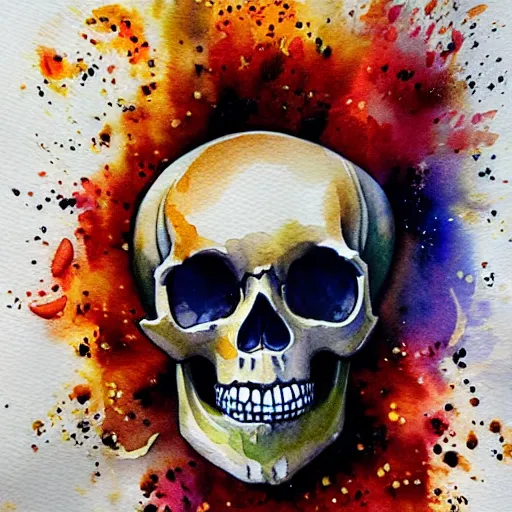 Image similar to watercolor art on paper, skull with explosions all around, highly detailed, artstation, masterpiece, award - winning