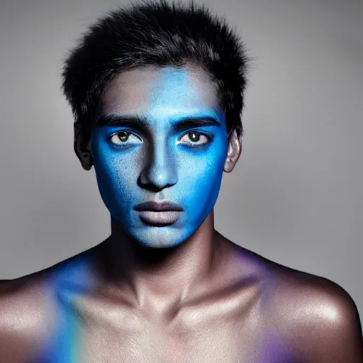 Image similar to a young beautiful slim athletic indian male has freckles color blue with an ombre effect, his eyes pupils are purple, his hair is colored blue silver ombre, photographed by erwin olaf