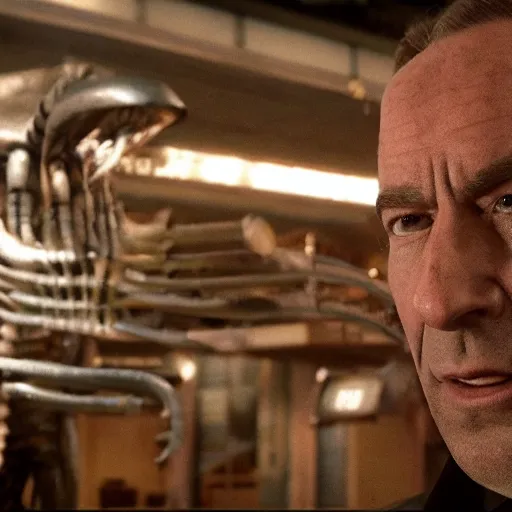 Image similar to film still of saul goodman in aliens, unreal engine, uhd, by hr giger