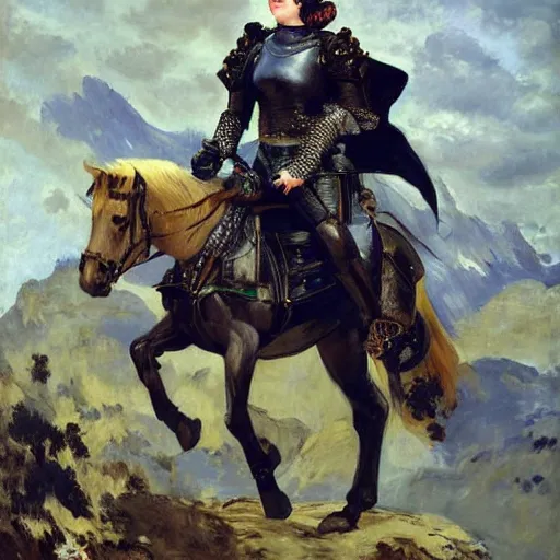 Prompt: a beautiful matte painting of a portrait of a female knight in fantasy armor, art by edouard manet, trending on artstation