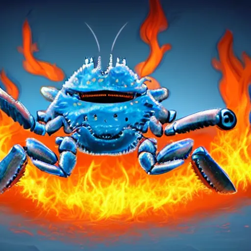 Image similar to a robot crab with the face of bill gates, background of flames.