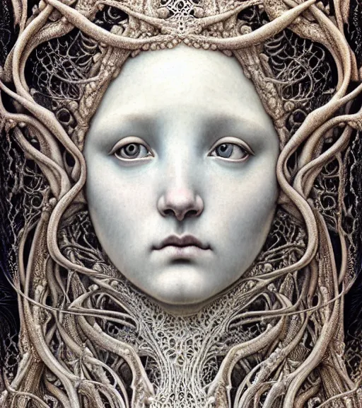 Image similar to detailed realistic beautiful snow goddess face portrait by jean delville, gustave dore, iris van herpen and marco mazzoni, art forms of nature by ernst haeckel, art nouveau, symbolist, visionary, gothic, neo - gothic, pre - raphaelite, fractal lace, intricate alien botanicals, ai biodiversity, surreality, hyperdetailed ultrasharp octane render