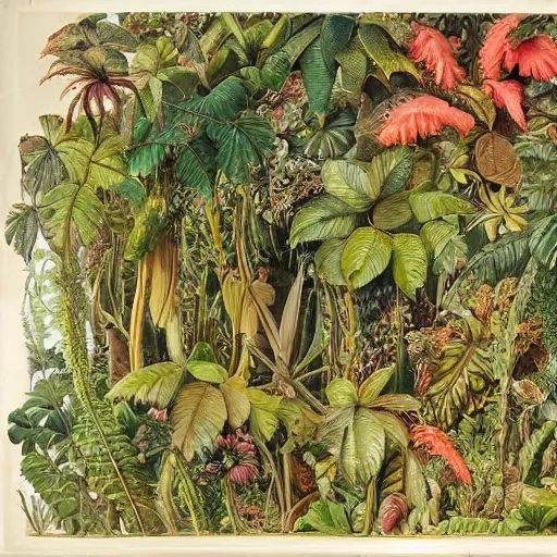 Image similar to jungle scene, leaves, vines, flowers, intricate details, volumetric lighting, vivid colors, panorama, Artwork by Ernst Haeckel + Maria Sibylla Merian