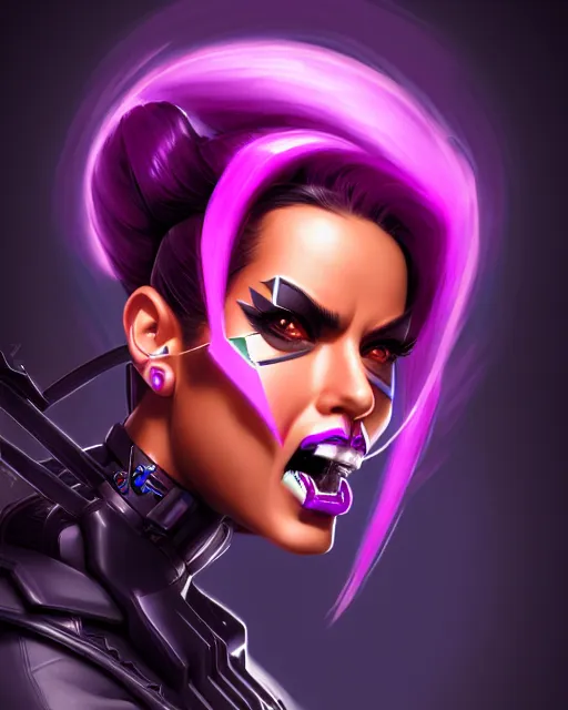 Prompt: sombra from overwatch, cyber hacker, tongue sticking out, character portrait, portrait, close up, highly detailed, intricate detail, amazing detail, sharp focus, vintage fantasy art, vintage sci - fi art, radiant light, caustics, by boris vallejo