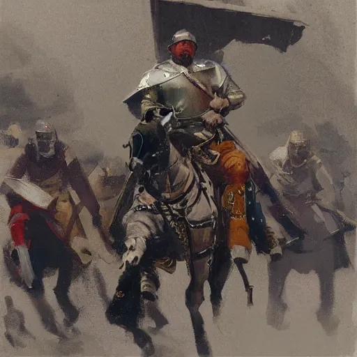 Image similar to man on horseback, wearing chainmail and gambeson, medieval joust by greg manchess, bernie fuchs, walter everett, lost edges