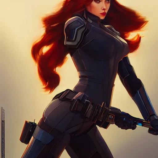 Image similar to greg manchess portrait painting of armored natasha romanova aka black widow as overwatch character, medium shot, asymmetrical, profile picture, organic painting, sunny day, matte painting, bold shapes, hard edges, street art, trending on artstation, by huang guangjian and gil elvgren and sachin teng