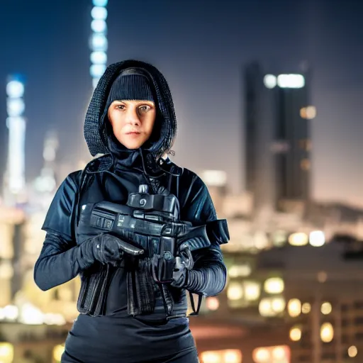 Image similar to photographic portrait of a techwear woman holding a Glock 18, closeup, on the rooftop of a futuristic city at night, sigma 85mm f/1.4, 4k, depth of field, high resolution, 4k, 8k, hd, full color