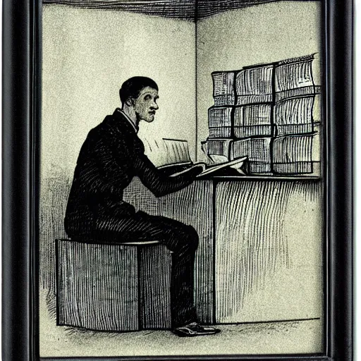 Image similar to tired man sitting behind a desk in a cubicle, papers stacked high by charles maurice detmold