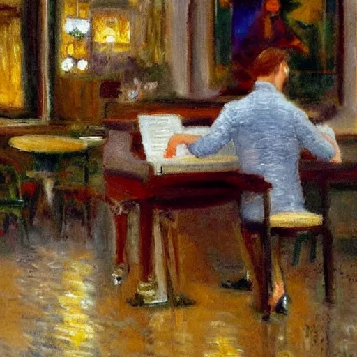 Image similar to a person playing the piano in a cafe on a rainy day, impressionist art