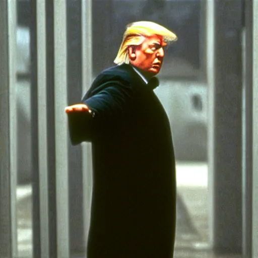 Image similar to donald trump in the matrix ( 1 9 9 9 ), film still from the matrix ( 1 9 9 9 ), 2 6 mm