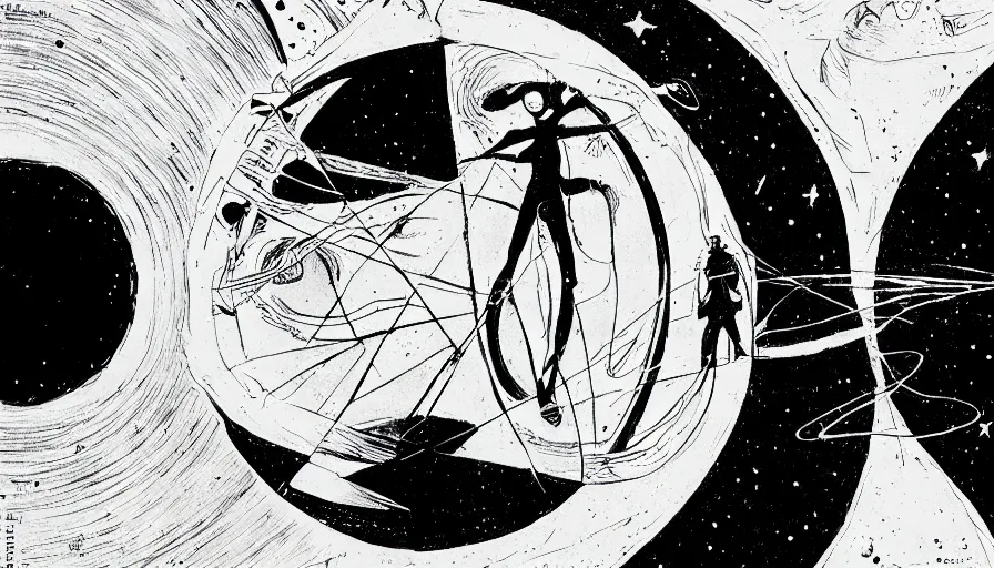 Prompt: travel to the moon in a dream, style of graphic novel, style of dave mckean, black outline, on white, smooth, thin sharp lines, detailed