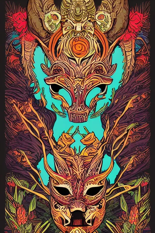 Image similar to animal mask totem roots flower tribal feather gemstone plant wood rock shaman vodoo video game vector cutout illustration vivid multicolor borderlands comics by josan gonzales and dan mumford radiating a glowing aura