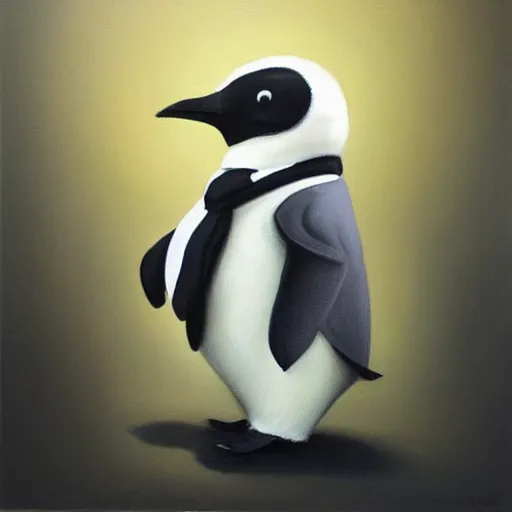 Image similar to oil painting, a developer penguin in a suit, intricate, masterpiece, artstation, stunning