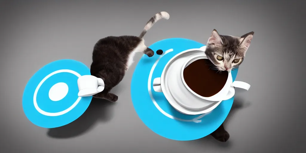 Image similar to tron cat knocking over a coffee cup with a disk