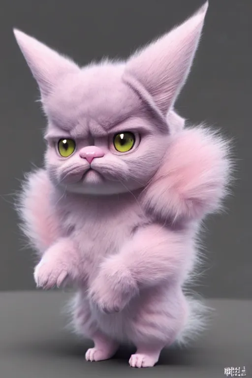 Image similar to high quality 3 d render hyperrealist very cute pastel fluffy! grumpy gargoyle cat hybrid, cyber - medieval armor, vray smooth, in the style of detective pikachu, hannah yata charlie immer, dramatic pink light, low angle, uhd 8 k, sharp focus