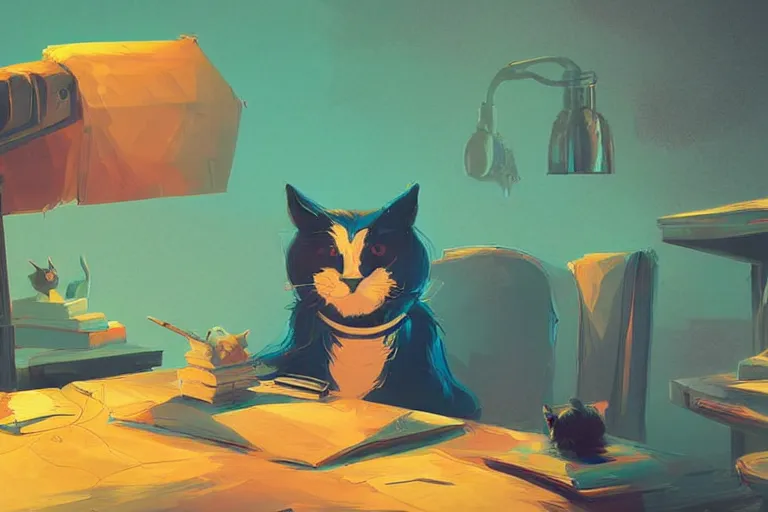 Image similar to a digital art of a godfather cat sitting by the desk, animal, light effect, highly detailed, by anton fadeev