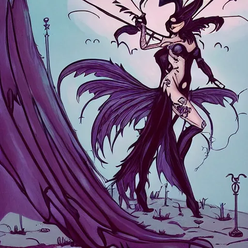 Prompt: Jennifer Connelly as dark fae gothic atompunk evil Disney villain queen with black feather hair, feathers growing out of skin, in front of space station window, Mike mignola, trending on artstation, comic book cover, illustration