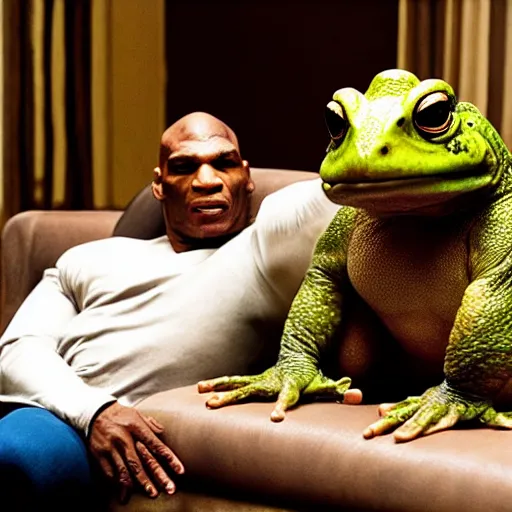 Prompt: a giant toad sitting with mike tyson in a large hotel room, movie directed by martin scorsese and christopher nolan, masterpiece, 8 h